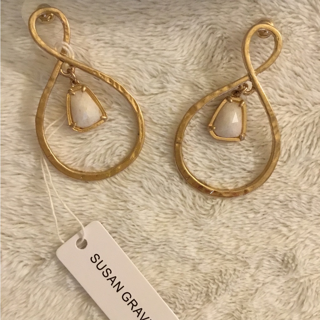 Susan Graver White Jade & Goldtone Hammered Infinity Hoop Drop Earrings